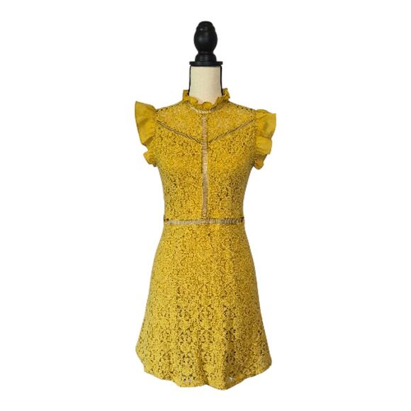 Altar'd State Dresses & Skirts - Altar'd State dress mustard yellow lace flutter sleeve high neck mini size S